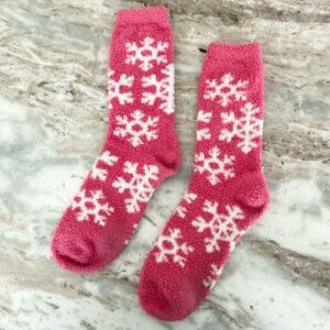 Pink & White Snowflake Fuzzy Slipper Socks-Winter Accessory Cold Weather Holiday
